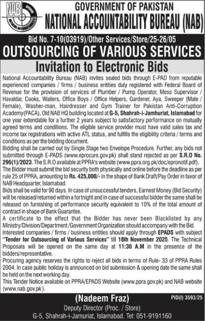 National Accountability Bureau Islamabad Tender Notice